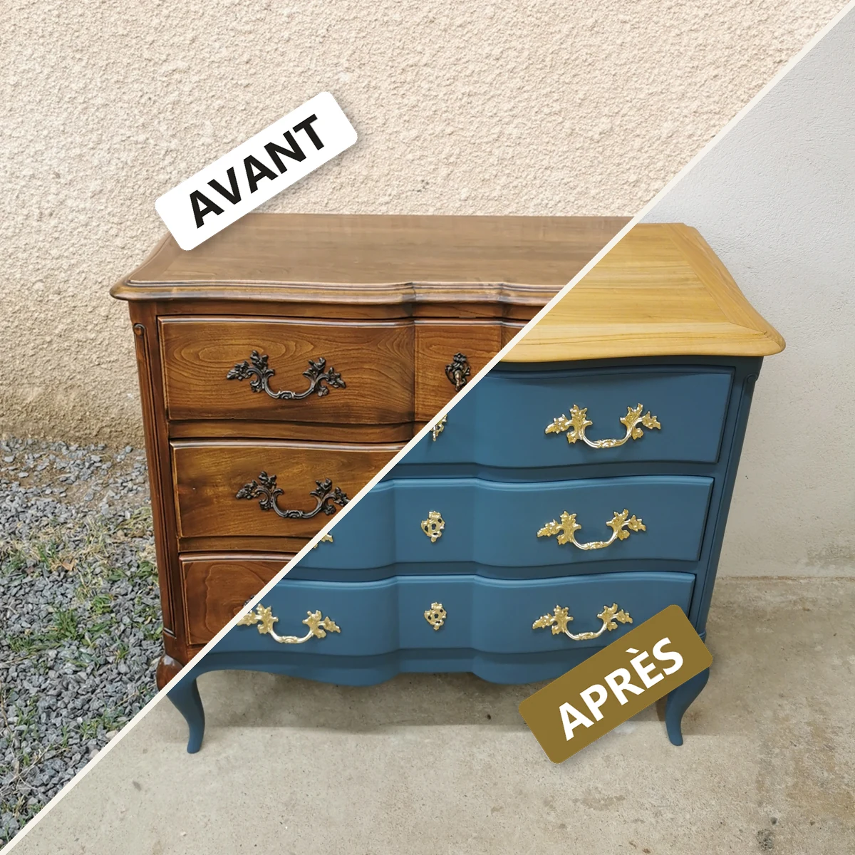 Avant / après — meuble relooké à la main par Bleum Atelier