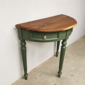 Console demi-lune en teck relookée vert olive